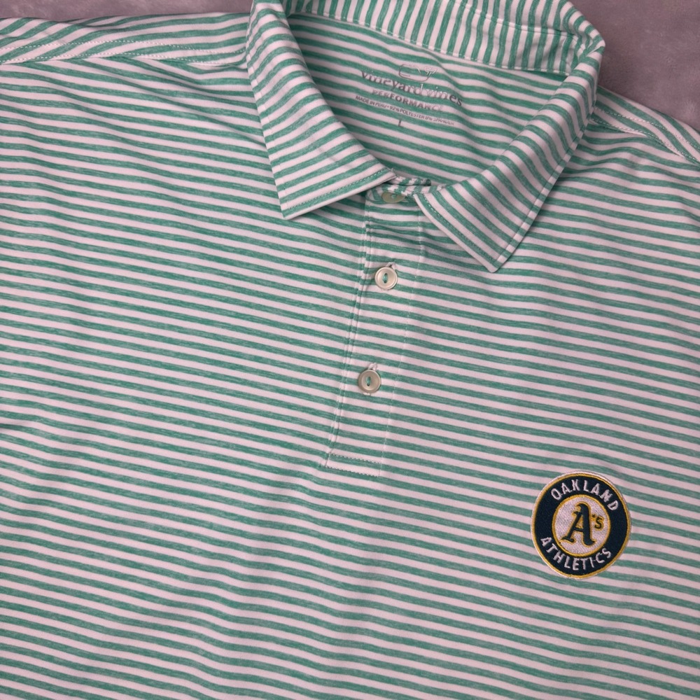 Vineyard Vines Oakland Athletics Performance Polo Shirt Green White Striped L